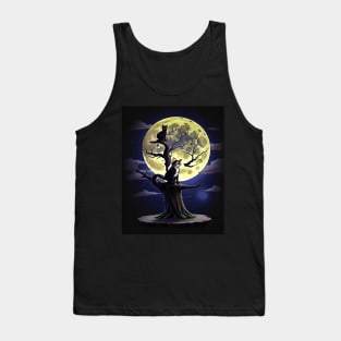 Vintage Black Cat On Scary Tree In Front of the Full Moon Halloween Tank Top